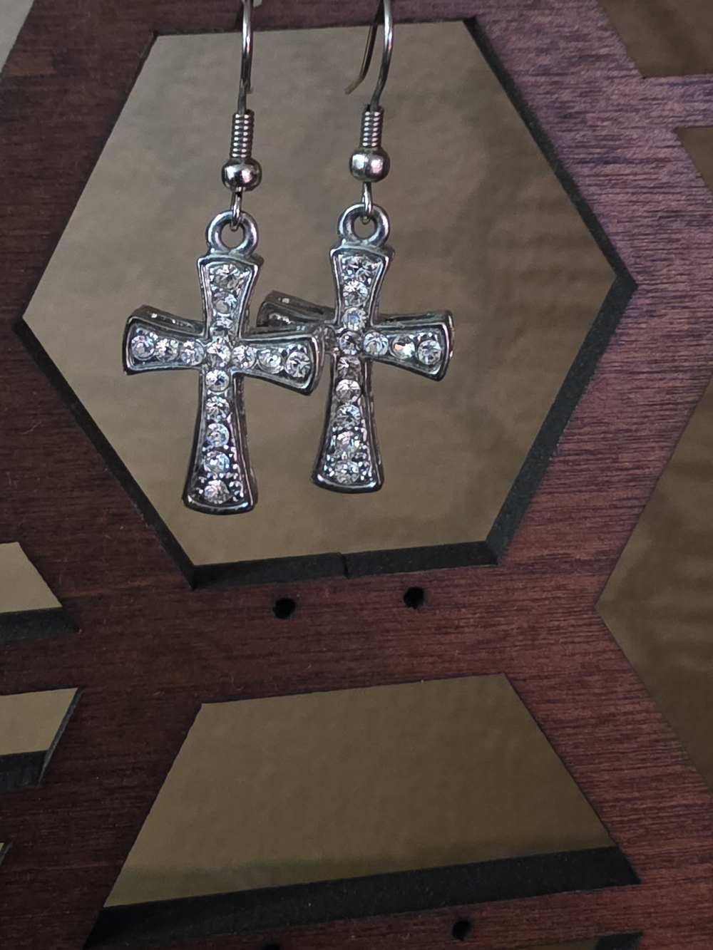Crystal Cross Dangle Earrings - Silver Tone
